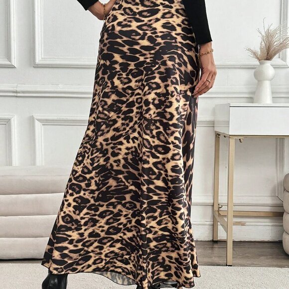 Multicolor Elegant Women's Casual High-Waisted Leopard Print Long Skirt - Picture 3 of 6
